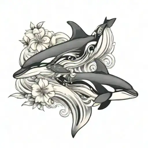 killer whales in waves and peonies - Variation 2