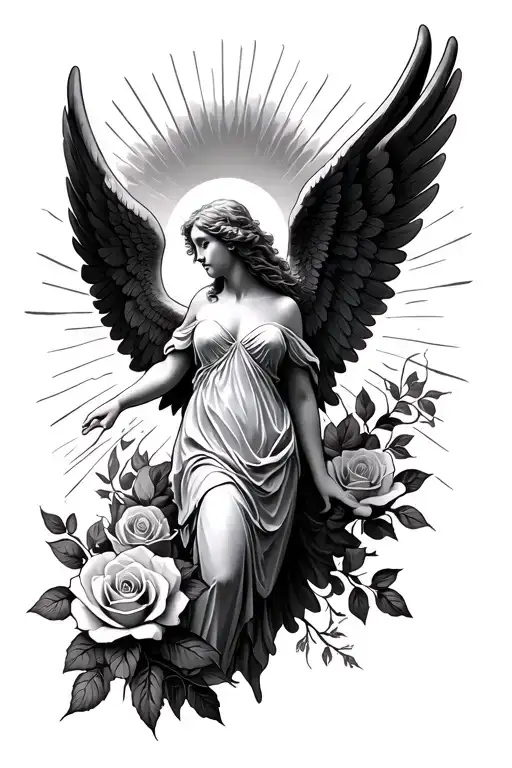 angels roses cross wings spread bright sunrise