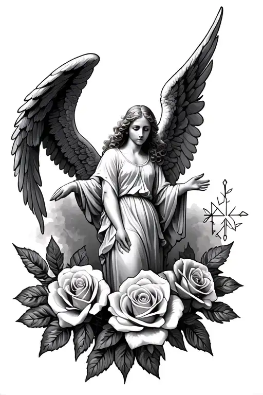 angels roses cross wings spread bright sunrise - Variation 2