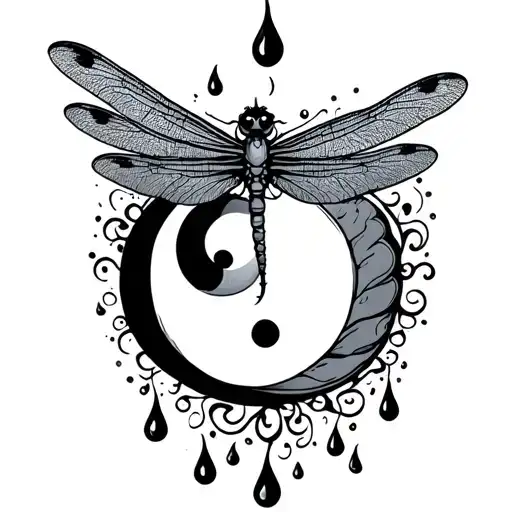A tattoo with a dragonfly and a crescent moon, with tear drops surrounding it and a ying yang symbol 