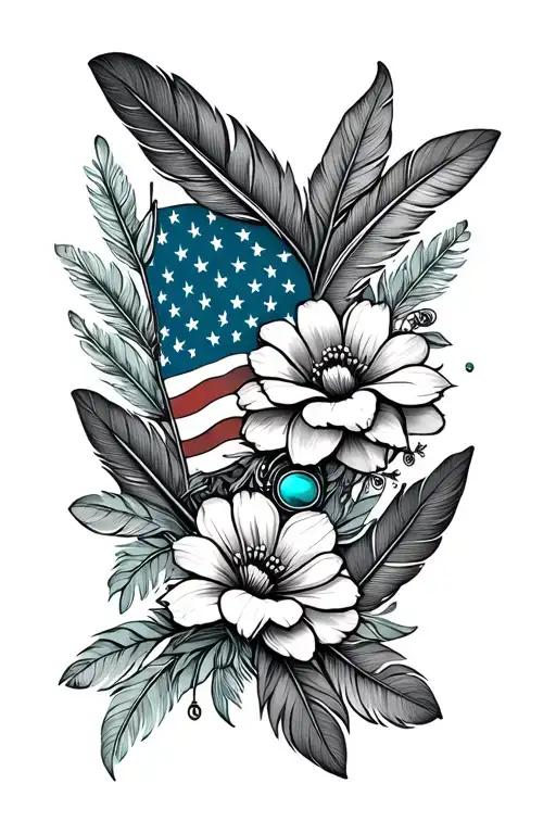 multiple feathers, american flag,and turquoise western jewelry, flowers, aztec pattern, with green leaves - Variation 2