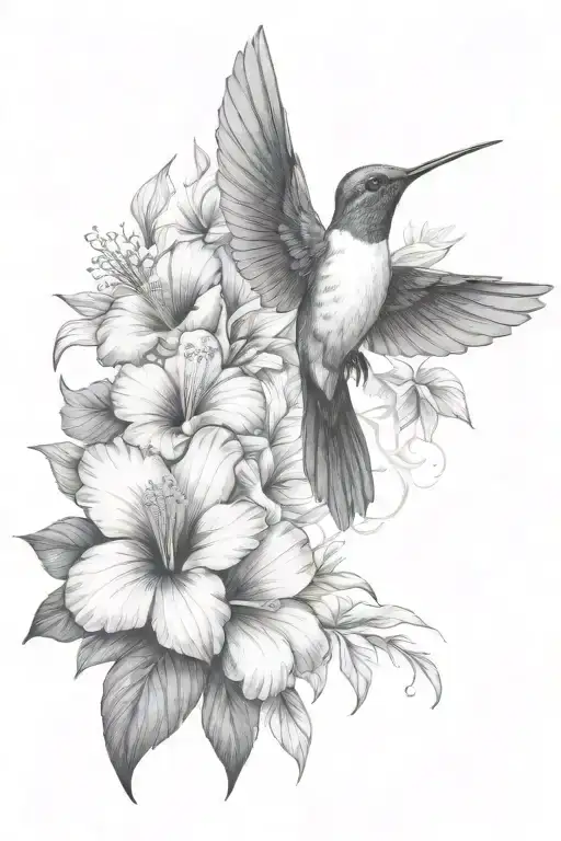 hummingbird with hibiscus and leaves - Variation 2
