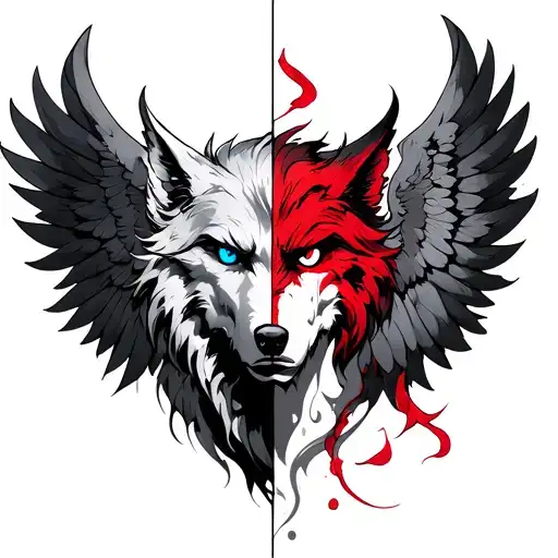 howl with one wing of angel and one wing of demon. one blue eye and one red eye