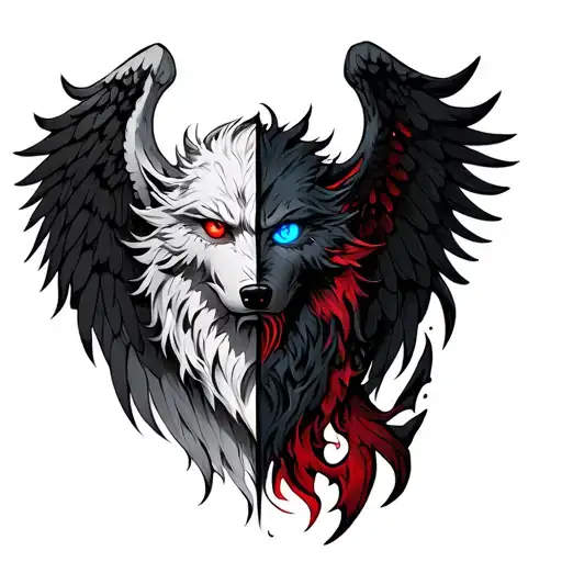 howl with one wing of angel and one wing of demon. one blue eye and one red eye - Variation 2
