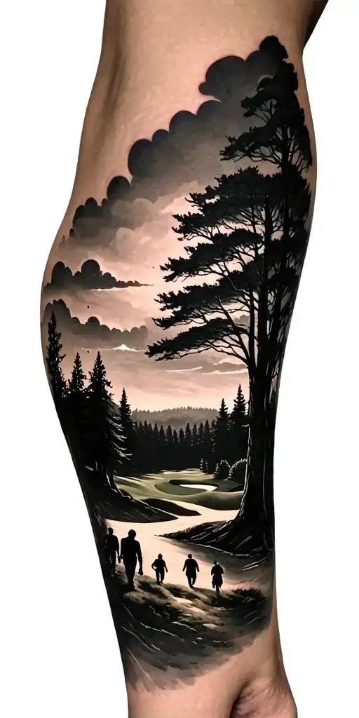 beautiful forest scene with black sky with family walking and golf course and time - Variation 3