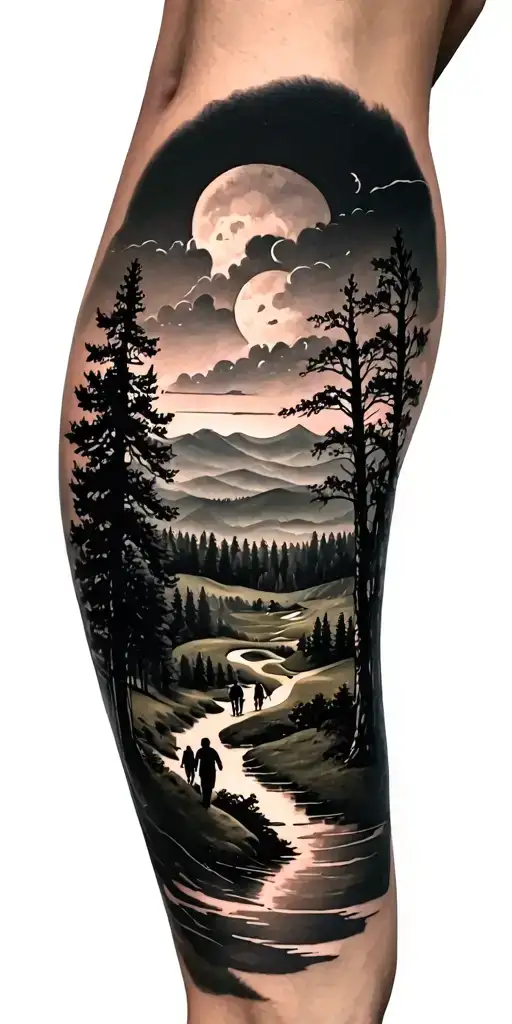 beautiful forest scene with black sky with family walking and golf course and time - Variation 4