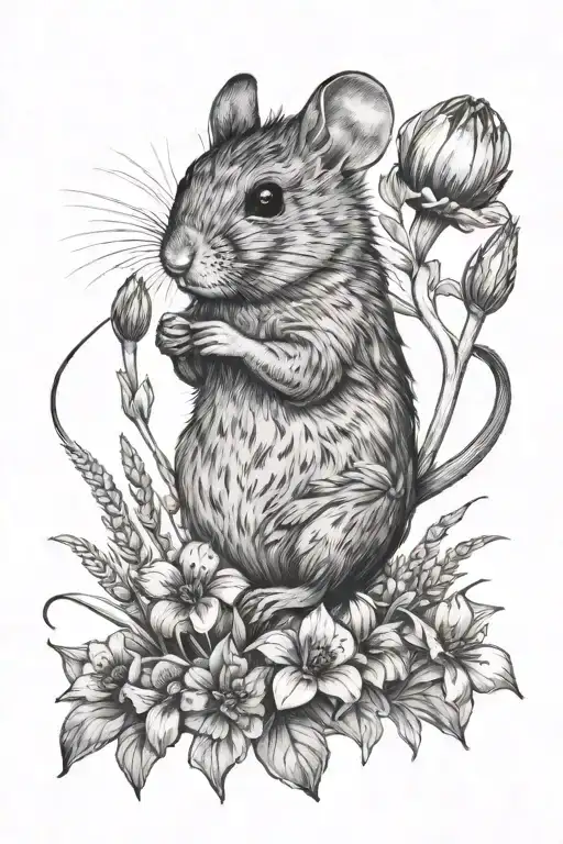 Field mouse standing on hind legs, named Milan, surrounded by field flowers, grasses and corn