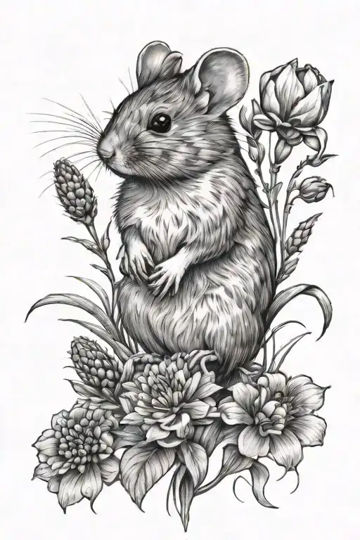 Field mouse standing on hind legs, named Milan, surrounded by field flowers, grasses and corn - Variation 2
