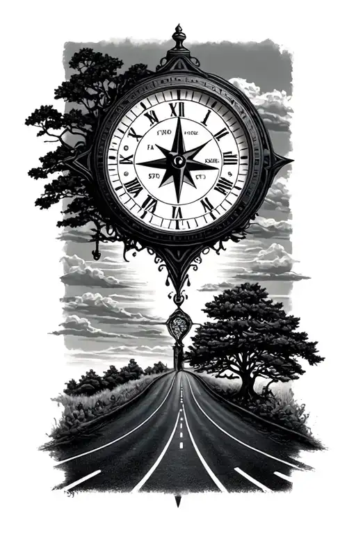 highway, clock, compass, Tree, Tattoo - Variation 1