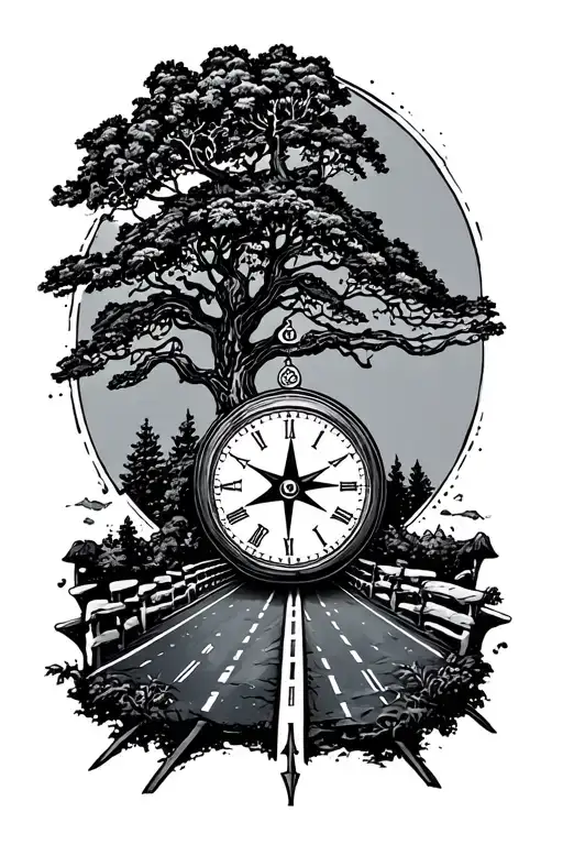 highway, clock, compass, Tree, Tattoo - Variation 2
