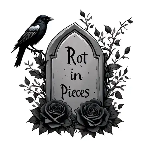a tombstone with "rot in pieces" with a crow on it and black roses 