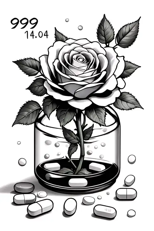 Rose Growing Out of a Pill bottle, pills all around the rose and the bottle, "999" text somewhere, "14.04" text somewher - Variation 1