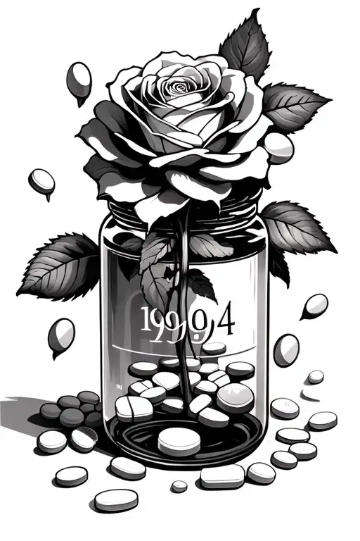 Rose Growing Out of a Pill bottle, pills all around the rose and the bottle, "999" text somewhere, "14.04" text somewher - Variation 2