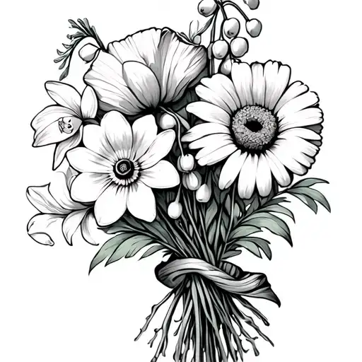 a bouquet of 4 flowers, a poppy, a daffodil, a lily of the valley, and a daisy tied in a knot with long stems and a snak