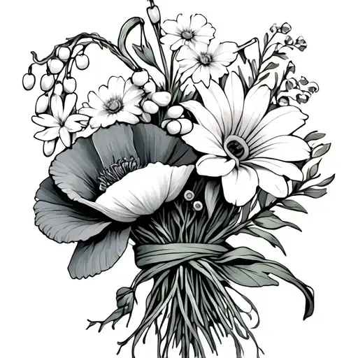 a bouquet of 4 flowers, a poppy, a daffodil, a lily of the valley, and a daisy tied in a knot with long stems and a snak - Variation 2