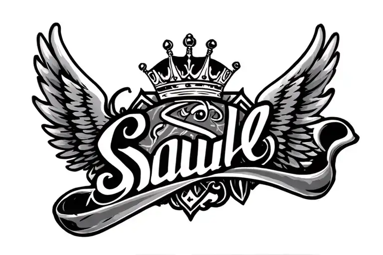 Make me a tattoo that in the Ponga Saul center that has two wings on each side name with fine lines underneath and a crown