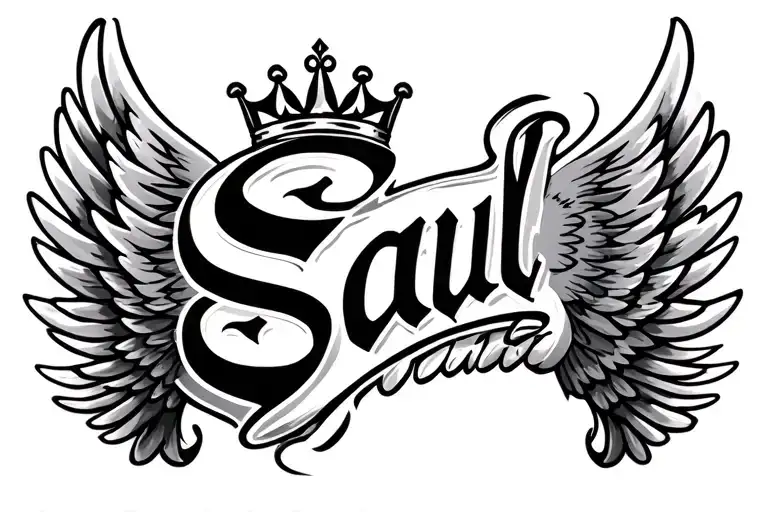Make me a tattoo that in the Ponga Saul center that has two wings on each side name with fine lines underneath and a crown - Variation 2