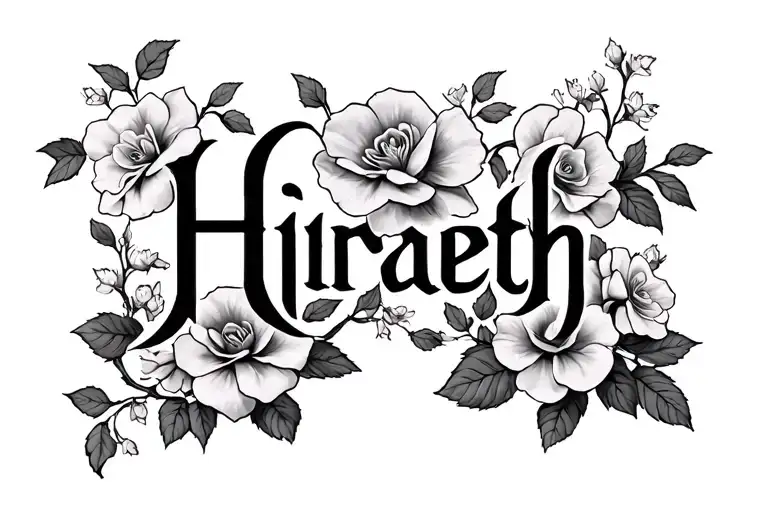 "Hiraeth" dogwood flowers and roses wrapped around the text "Hiraeth" in a feminine fantasy gothic style