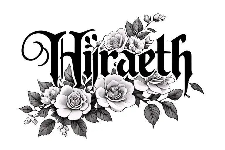 "Hiraeth" dogwood flowers and roses wrapped around the text "Hiraeth" in a feminine fantasy gothic style - Variation 2