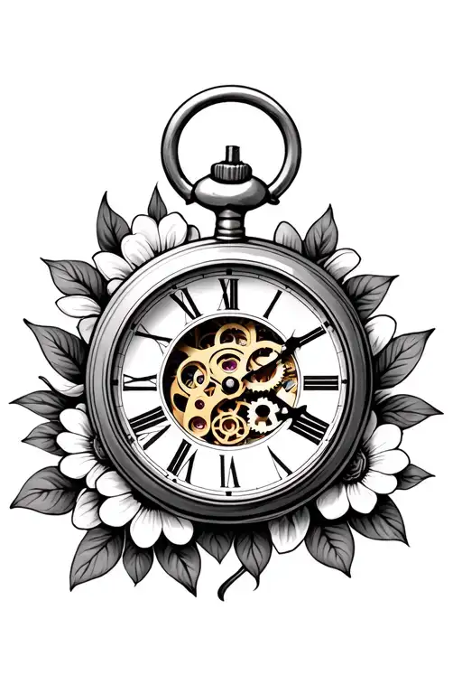pocket watch with gears inside the middle with flowers around it