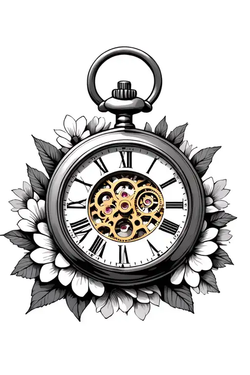 pocket watch with gears inside the middle with flowers around it - Variation 2
