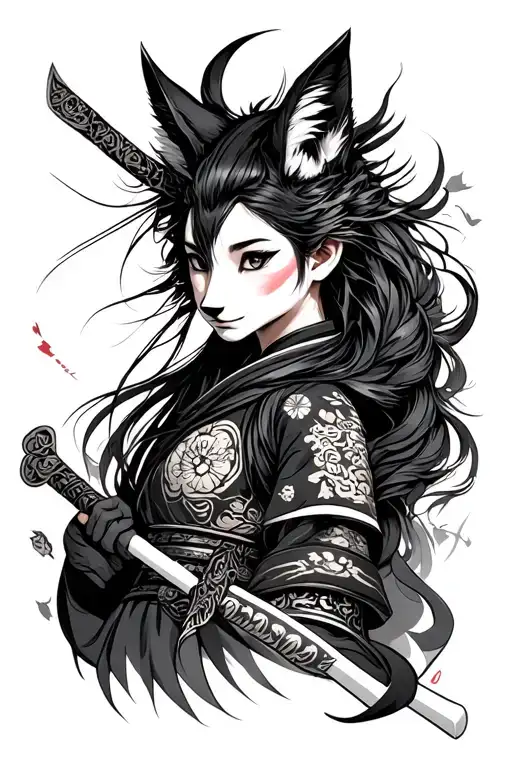 kitsune + woman samurai - Variation 2