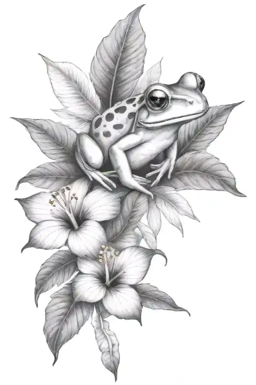 small frog and tropical leaves and hibiscus - Variation 4