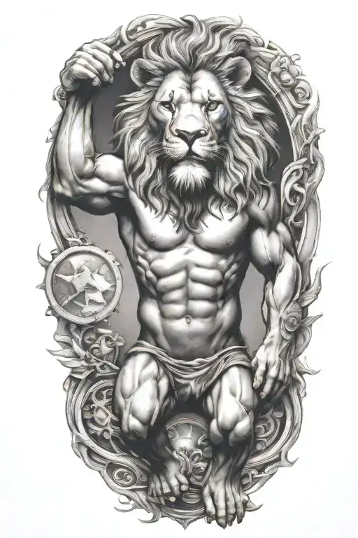 lion Atlas with human body holding up the world