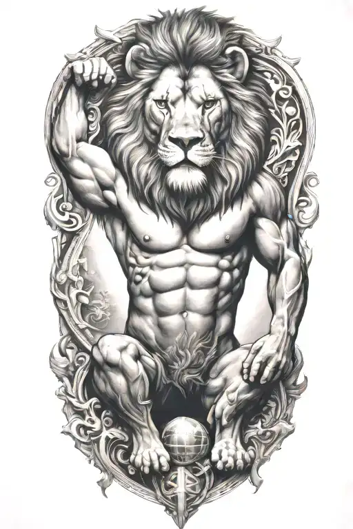 lion Atlas with human body holding up the world - Variation 2