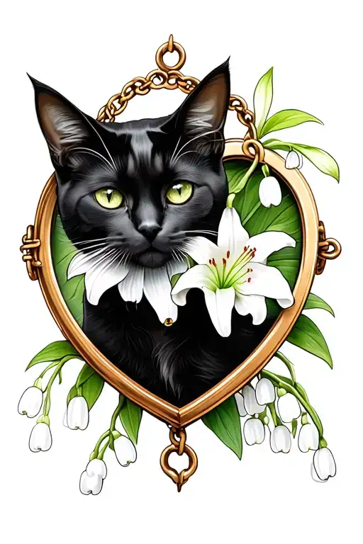 black cat holding lily of the valley inside of a heart locket - Variation 4