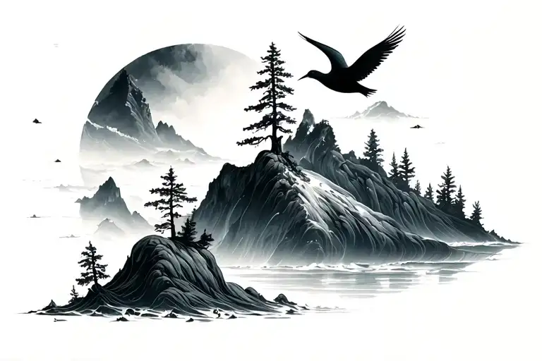 mountain trees ocean birds