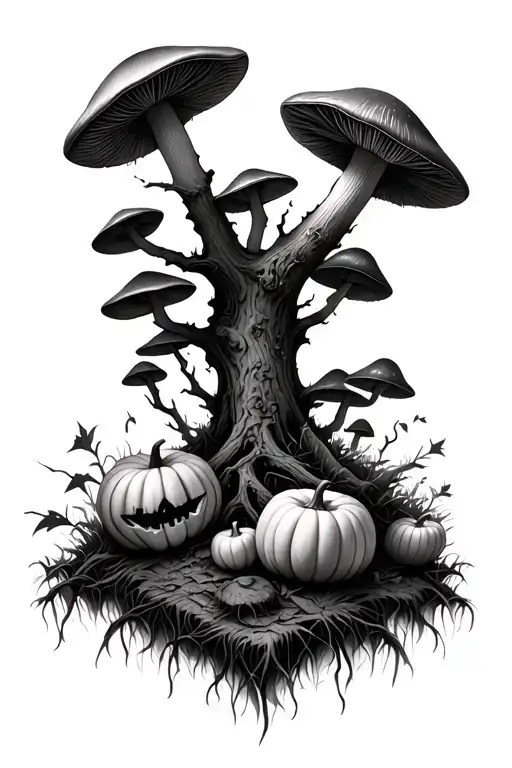 A grim realistic forest full of mushrooms and pumpkins