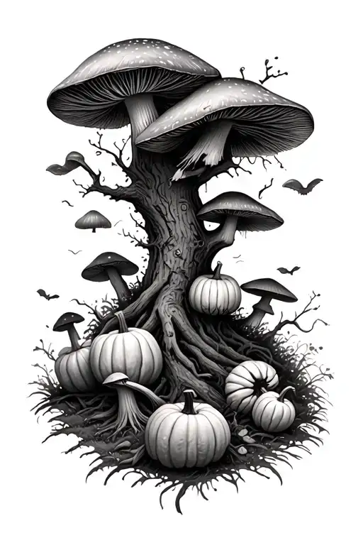 A grim realistic forest full of mushrooms and pumpkins - Variation 2