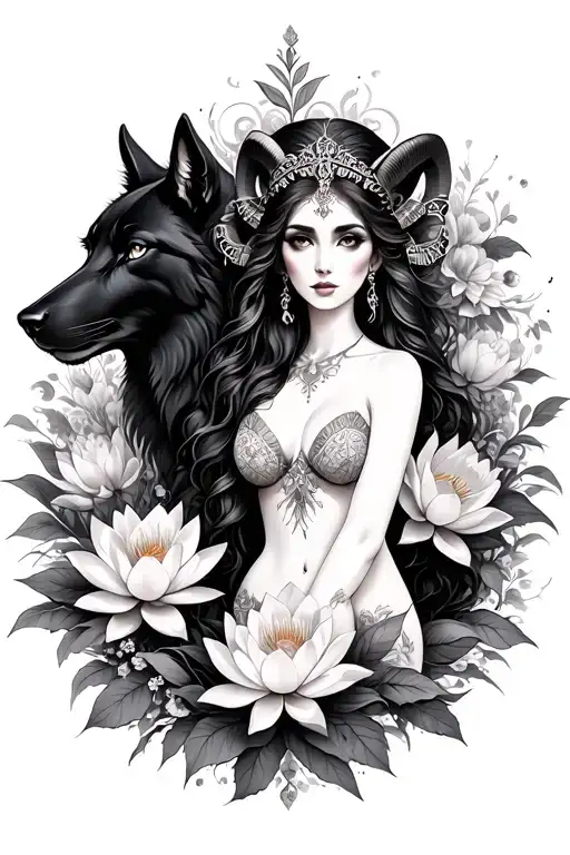 Aries sexy goddess surrounded by poeny and lotus flowers and black wolf - Variation 2