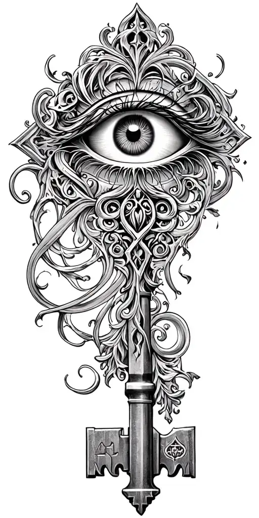 Detailed hand tattoo of an ornate gothic key with an eye in the center, symbolizing hidden truths.