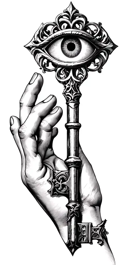 Detailed hand tattoo of an ornate gothic key with an eye in the center, symbolizing hidden truths. - Variation 2