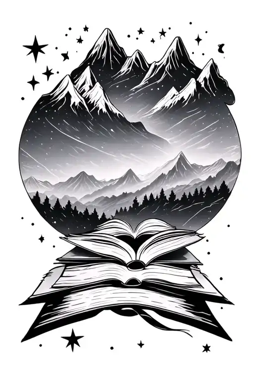 Fantasy and Romance with books and mountains and stars