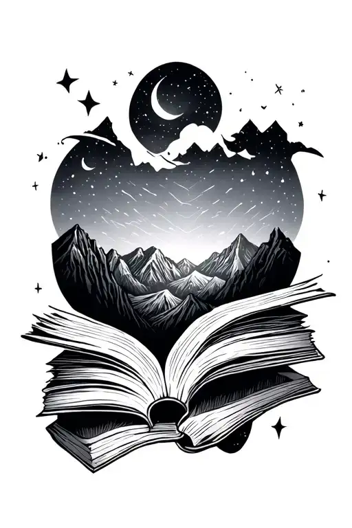 Fantasy and Romance with books and mountains and stars - Variation 2