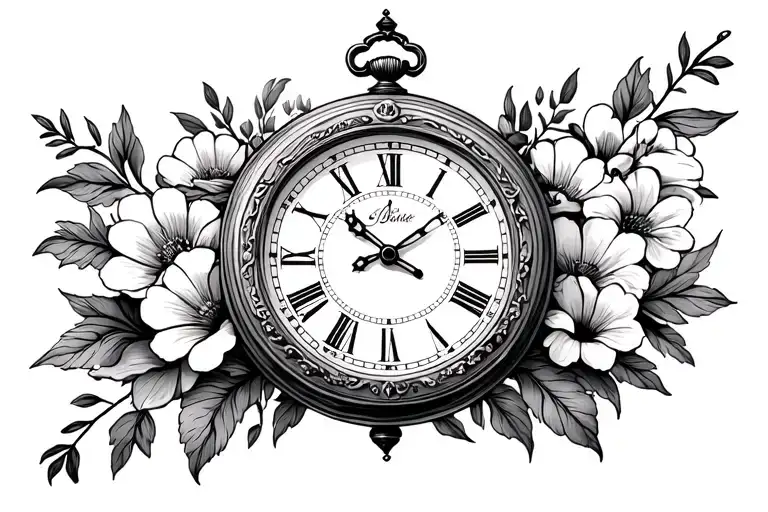 Watch with flowers and datasum old clock (symbol of time and memories) with the pointers pointing to time - Variation 1