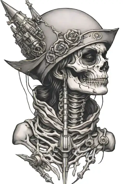 FACE OF FEMALE STATUE CLOSE UP AS A SKELETON WITH ARMY ROCKETS BEHIND HER