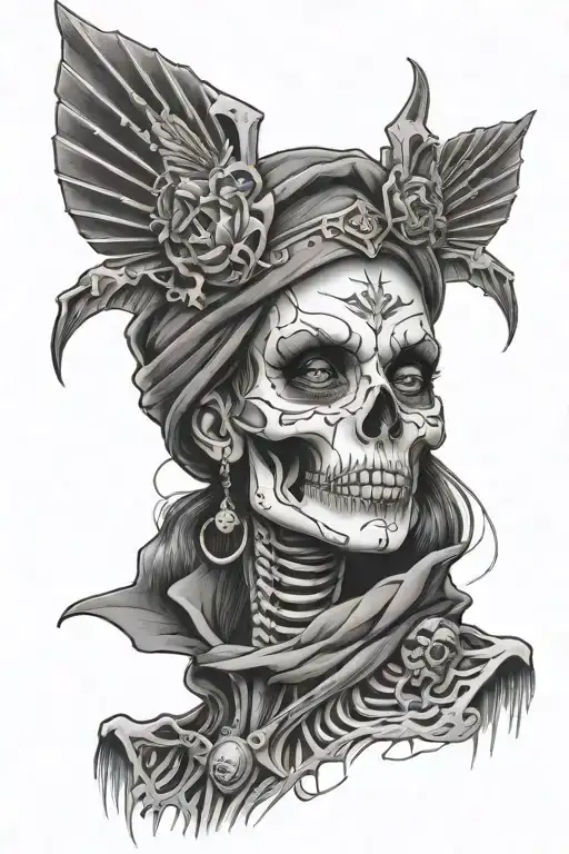 FACE OF FEMALE STATUE CLOSE UP AS A SKELETON WITH ARMY ROCKETS BEHIND HER - Variation 2