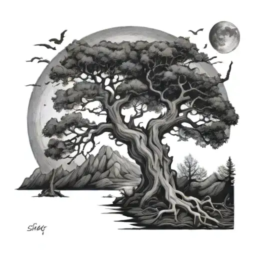 Githic sark and twisted oak tree with small full moon behind it