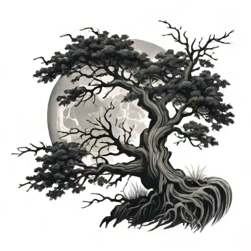 Githic sark and twisted oak tree with small full moon behind it - Variation 2