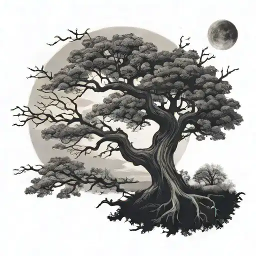 Githic sark and twisted oak tree with small full moon behind it - Variation 3