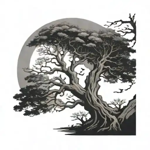 Githic sark and twisted oak tree with small full moon behind it - Variation 4