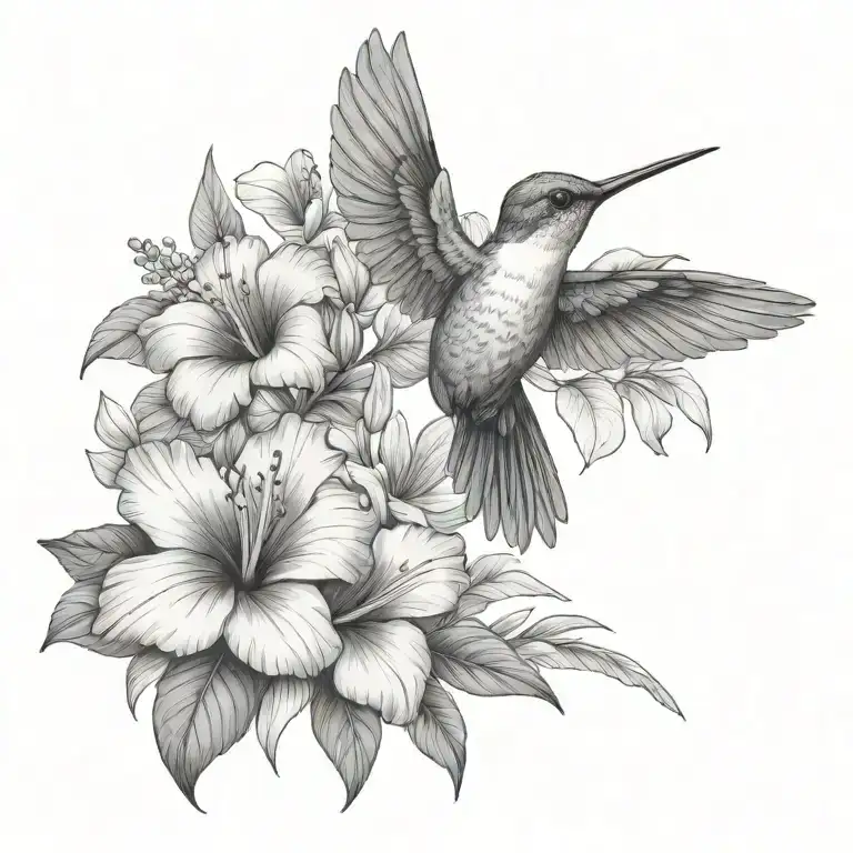 hummingbird with hibiscus and tropical leaves
