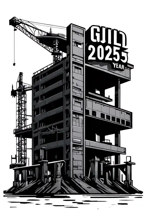 Metal building guild signs in large in the foreground with the year 2025 and steel construction construction in the background