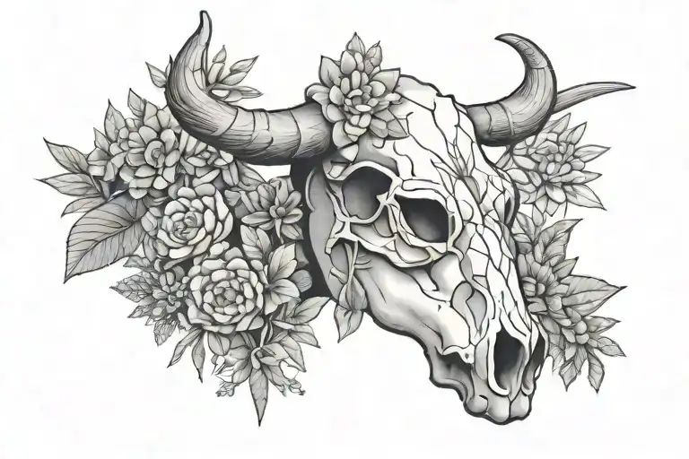 cow skull plants or succulents geometric throat tattoo - Variation 2