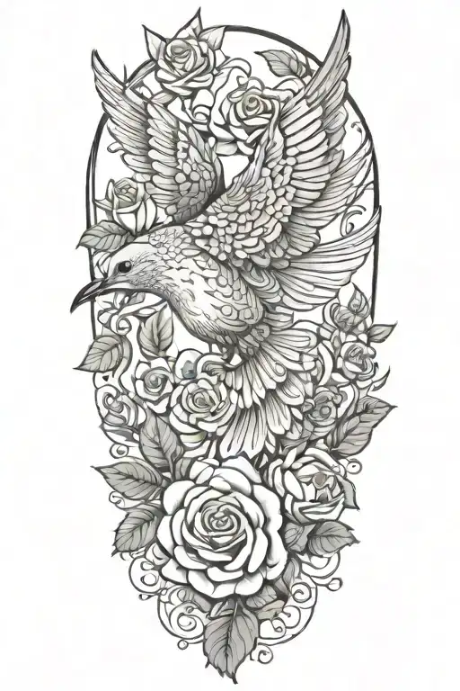 zentangle drawing of a dove perched atop roses growing