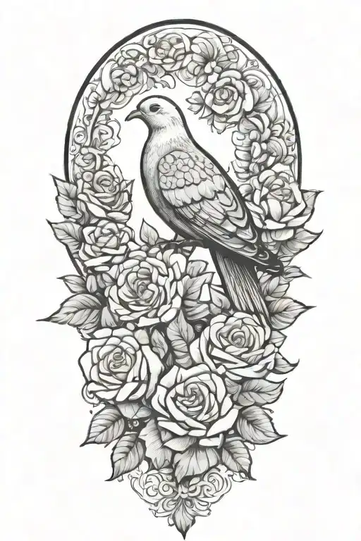 zentangle drawing of a dove perched atop roses growing - Variation 2